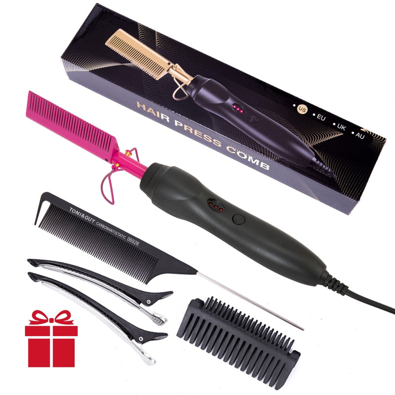 Leeons Black Hot Comb Hair Straightener Flat Iron Electric Hot Heating Comb Wet And Dry Hair Curler Straight Styler Curling Iron